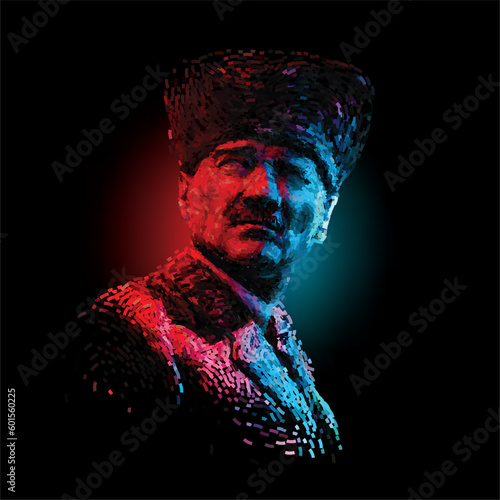 A digital portrait of Mustafa Kemal Atatürk, using the technique of vector acrylic painting, isolated from the background, and interpreted in the style of pop art.