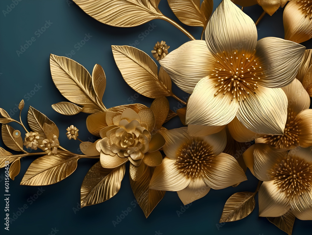 Metallic golden floral abstract fantasy design luxury background created with Generative AI technology