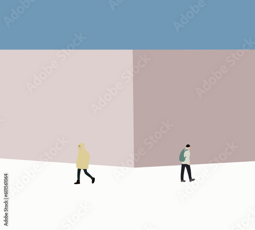 Man with walking converse with busy city pink wall background under blue sky.. Minimalist concept. Free space for your message. Side view. Enter the future