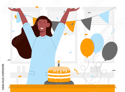 Woman celebrates birthday. Young girl with cake with candle and balloons indoor. Holiday and festival. Greeting and invintation postcard for party or event. Cartoon flat vector illustration