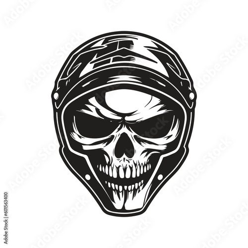 Fototapeta Naklejka Na Ścianę i Meble -  skull biker wearing helmet, vintage logo line art concept black and white color, hand drawn illustration