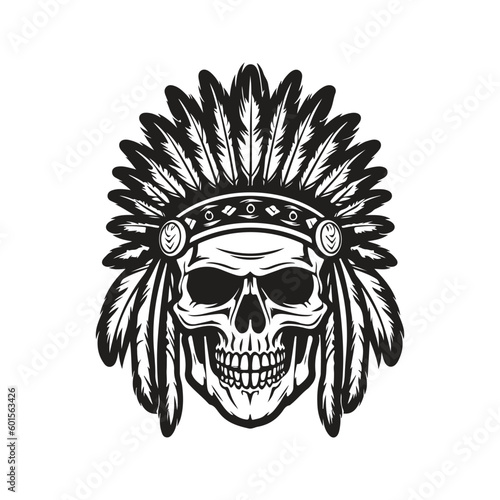 skull head indian, vintage logo line art concept black and white color, hand drawn illustration