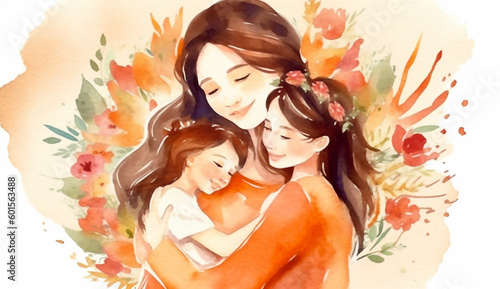 Happy Mother's Day paint. Giving a hug to her children on happy mother's day in the style of colorful watercolor.