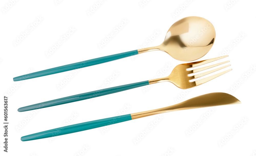 Golden cutlery with blue handle on white background Golden cutlery with blue handle on white background