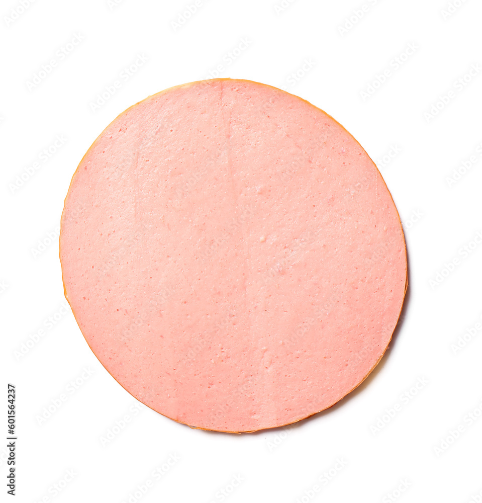 Slice of tasty boiled sausage on white background Slice of tasty boiled sausage on white background
