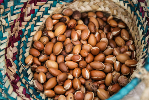 Argan fruits in a basket ready to extract argan oil with the traditional way. Souss Massa, Morocco.