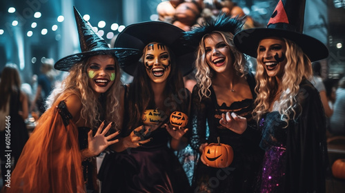 fictional young women having fun at a Halloween costume party, generated by ai