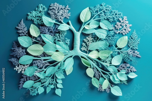 Human lungs from green leaves, blue background copy space. Healthy respiratory system, anatomical silhouette