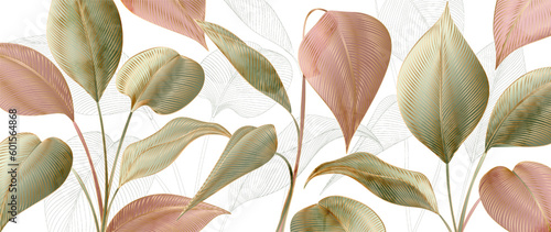 Obraz na płótnie Art background with tropical leaves in green and pink color with golden elements in line style