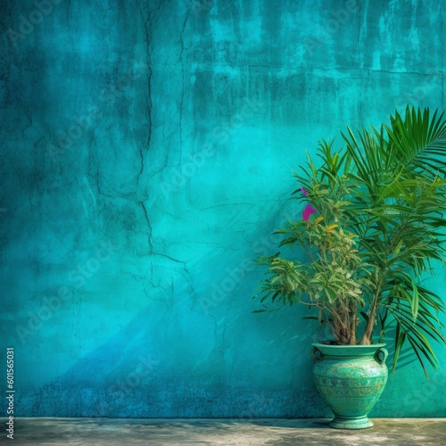 a color-painted wall, blue-green, turquoise background. The background is a mesmerizing combination of deep blues and vibrant greens, reminiscent of a tropical paradise. The photo captures the essence
