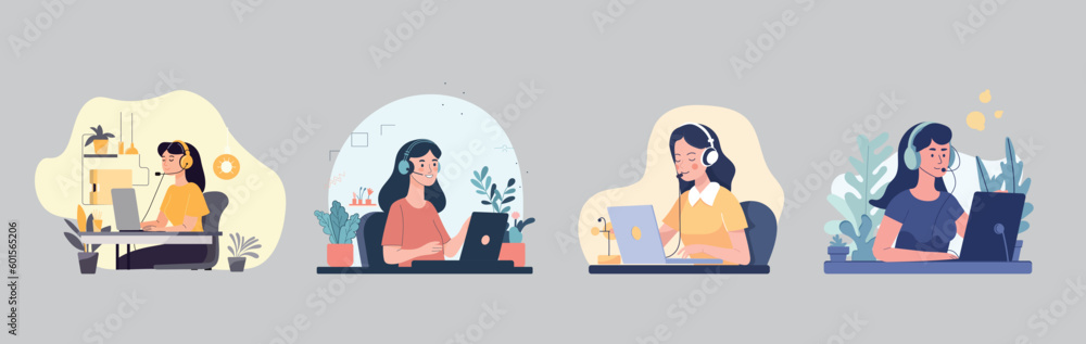 Set of freelance people working remotely vector flat illustration. Collection of man and woman use computer or laptop at comfortable workplace isolated on white. Set of freelance people working remotely vector flat illustration. Collection of man and woman use computer or laptop at comfortable workplace isolated on white.