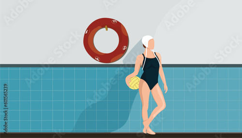 Water polo cartoon female player in action concept vector illustration. Woman stands with the polo ball near the wall in pool. 