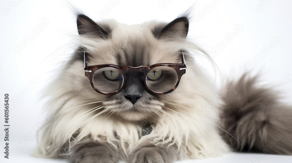 Cat with a cute fur and glasses. Cats on a solid white background. Pretty cats with glasses and high quality. Images generated by AI.