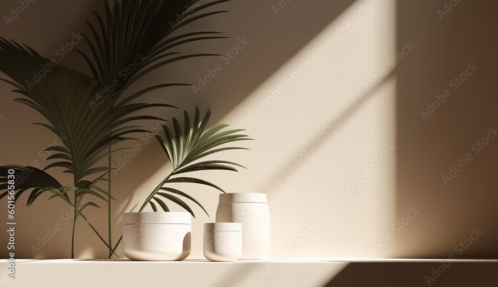 Blank minimal white counter podium, soft beautiful dappled sunlight, tropical palm foliage leaf shadow on wall for luxury hygiene organic cosmetic. Generative AI Blank minimal white counter podium, soft beautiful dappled sunlight, tropical palm foliage leaf shadow on wall for luxury hygiene organic cosmetic. Generative AI