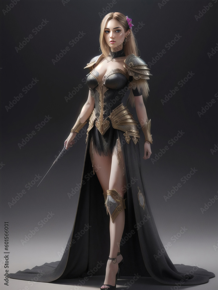 Pretty Fantasy Woman with Long Brown Hair Posing in Armor with a Long Skirt Holding a Wand Generative AI Illustration
