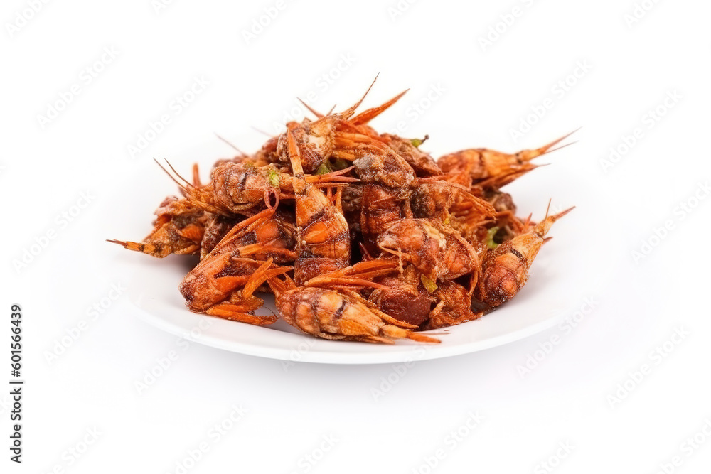 Obraz premium A plate of fried locusts isolated on a white background. Generative AI