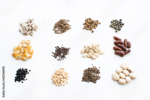 Collection of natural organic seeds isolated on white background