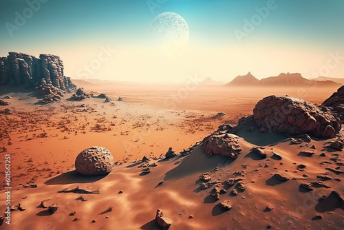 Red planet with rusty dunes, pebbles, and a moon in the turquoise sky. Extraterrestrial landscape. Digital illustration.