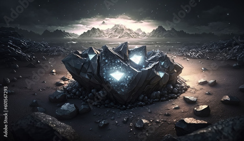 Shining diamond formations on the surface of a dark alien planet. Extraterrestrial landscape. Digital illustration. © Studio Light & Shade