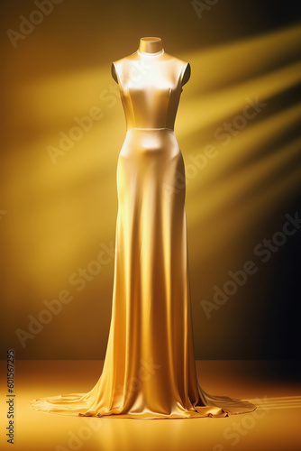 Fashion gold evening gown, maxi dress on dummy. Generative AI
