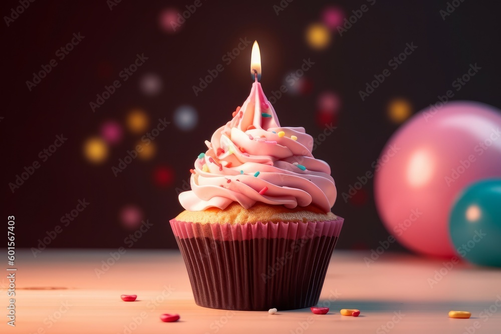Birthday Cupcake With Candle And Pink Decoration. AI generated, human enhanced. Birthday Cupcake With Candle And Pink Decoration. AI generated, human enhanced.