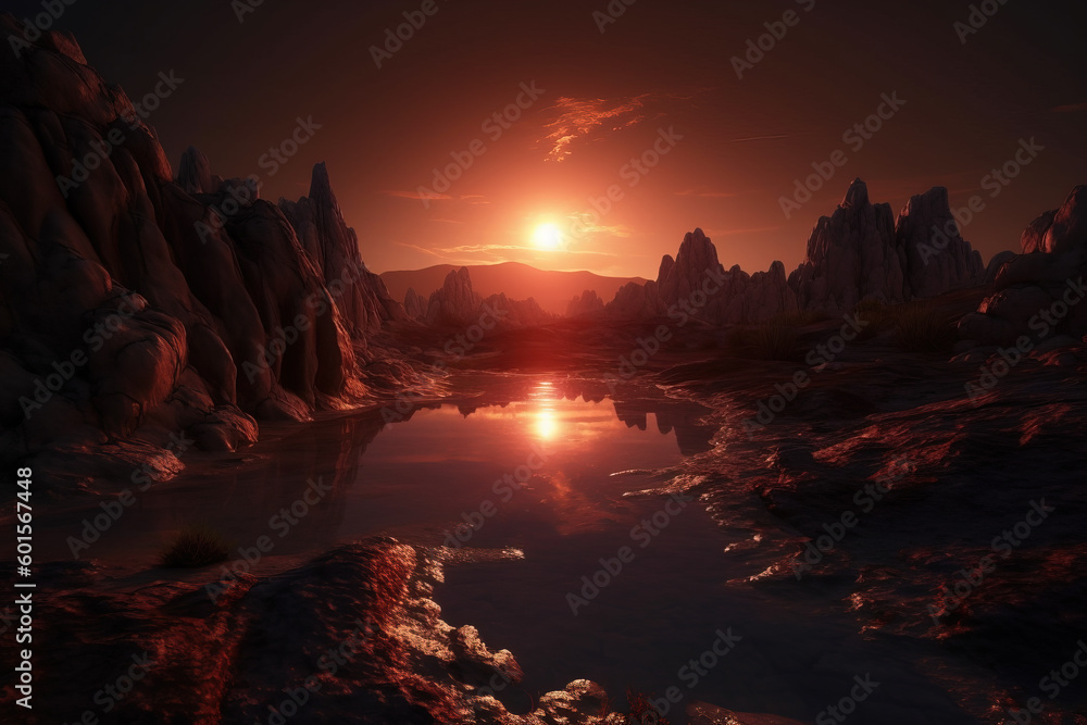 Alien world with rocks and water lit by its dim red dwarf star. Extraterrestrial landscape. Digital illustration.