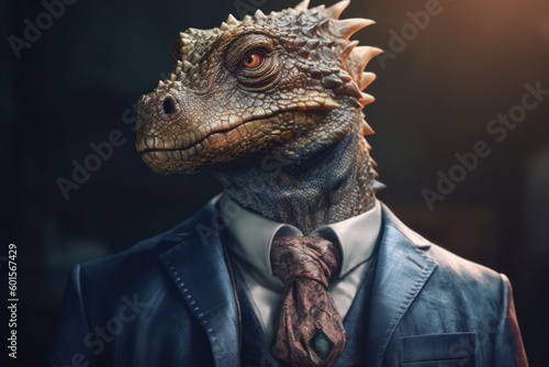 Anthropomorphic dragon dressed in a suit like a businessman. Business Concept. AI generated, human enhanced.