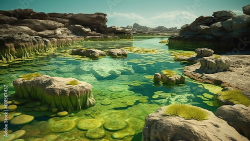 Ancient coastal landscape with first lifeforms in shallow pools of green water. Digital illustration.