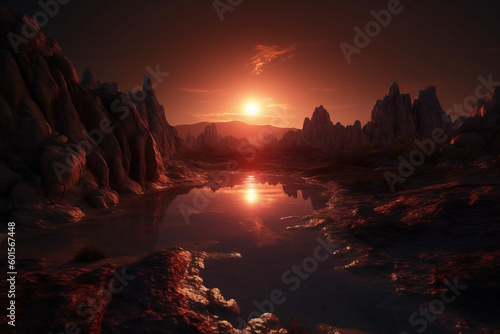 Alien world with rocks and water lit by its dim red dwarf star. Extraterrestrial landscape. Digital illustration.