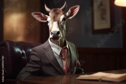 Anthropomorphic cow dressed in a suit like a businessman. business concept. AI generated, human enhanced