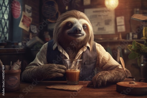 Anthropomorphic sloth in the role of a bartender in a bar or a waiter in a cafe. AI generated, human enhanced