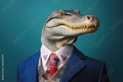 Anthropomorphic crocodile dressed in a suit like a businessman. business concept. AI generated, human enhanced © top images