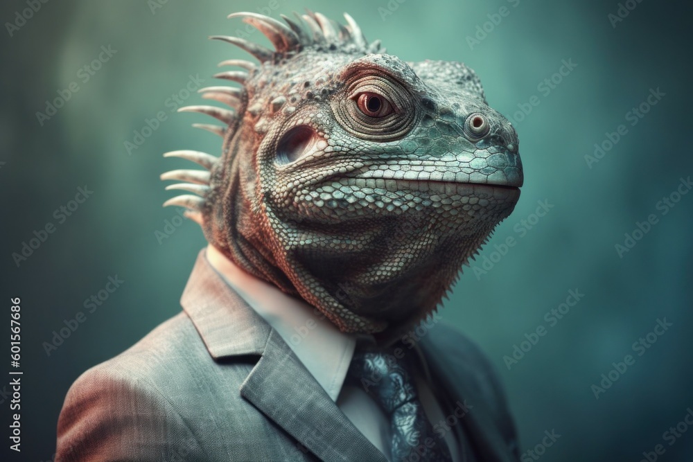 Anthropomorphic iguana dressed in a suit like a businessman. Business Concept. AI generated, human enhanced Anthropomorphic iguana dressed in a suit like a businessman. Business Concept. AI generated, human enhanced
