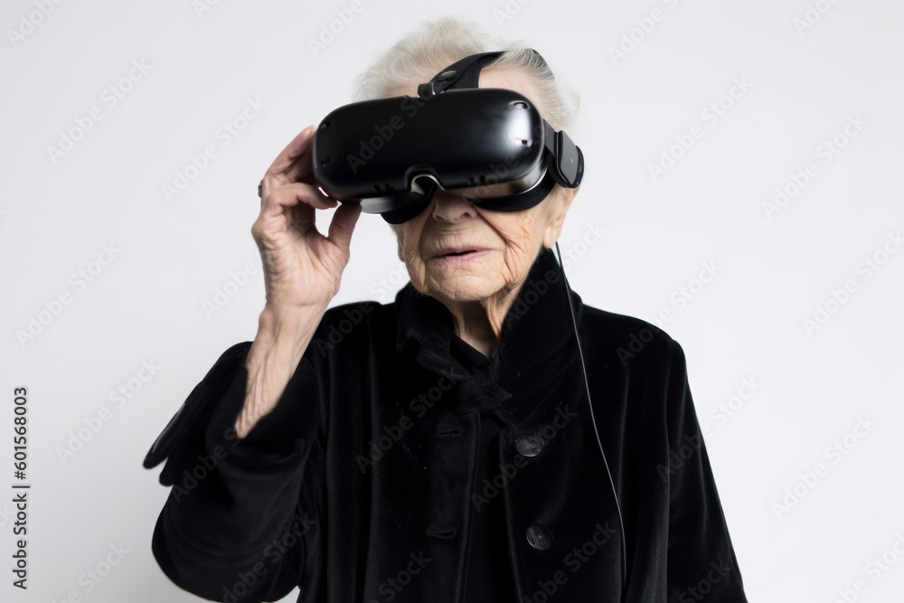 Old woman wearing virtual reality glasses. VR concept. AI generated, human enhanced Old woman wearing virtual reality glasses. VR concept. AI generated, human enhanced