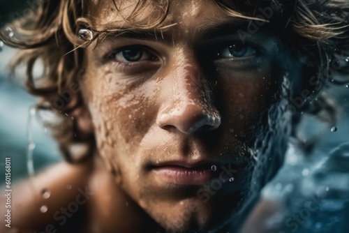 Surfer in the splashes of the sea wave. Young sports man. AI generated, human enhanced