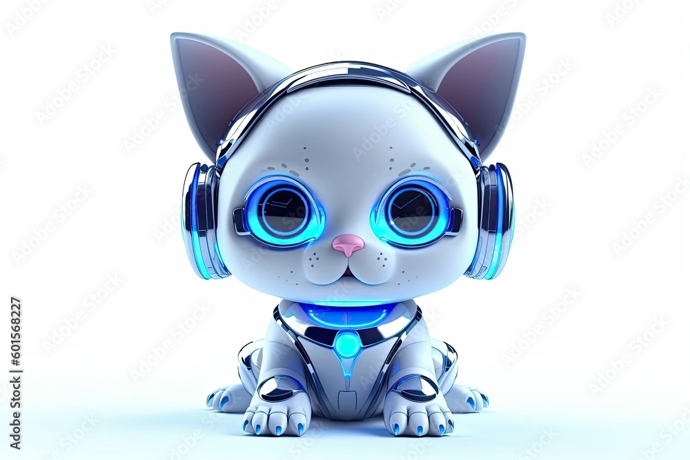 Kitten White Background Robot Toy And Copyspace Generative AI