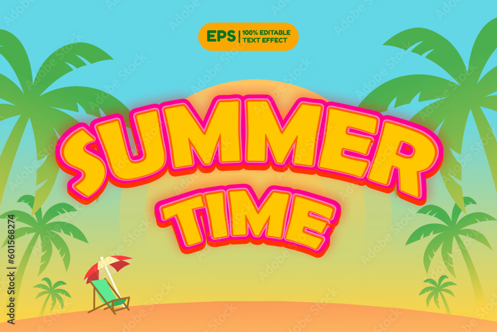 Summertime text effect with summer beach illustration