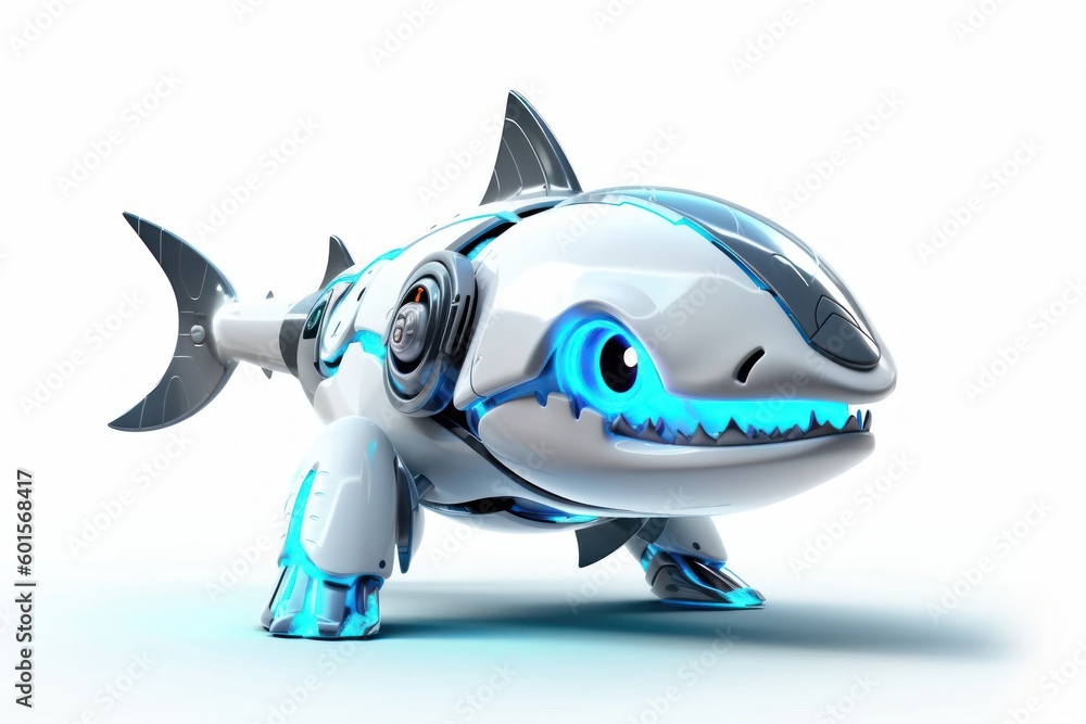 Fototapeta premium Shark White Background Robot Pet And Copy Space Generative AI
