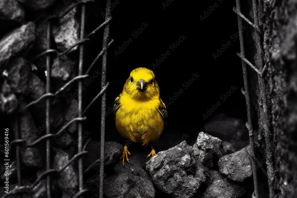 Illustration of a canary in a coal mine. Generative AI. Stock