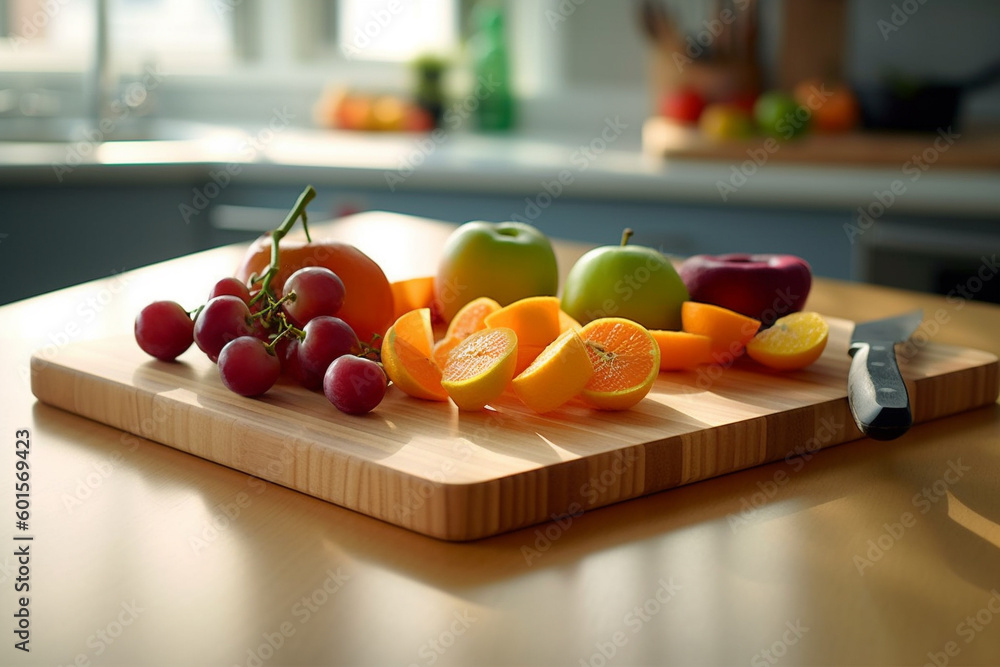 Illustration of miscellaneous fruit on a cutting board in a beautiful kitchen. Generative AI. Illustration of miscellaneous fruit on a cutting board in a beautiful kitchen. Generative AI.