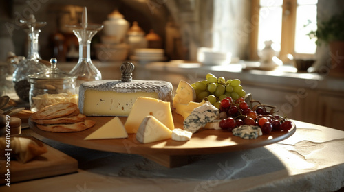 Illustration of a variety of cheeses on a cheese board in a comfortable kitchen. Generative AI. 