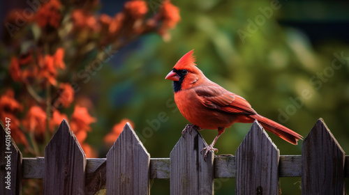 Billede på lærred Illustration of a red bird like a cardinal sitting on a fence