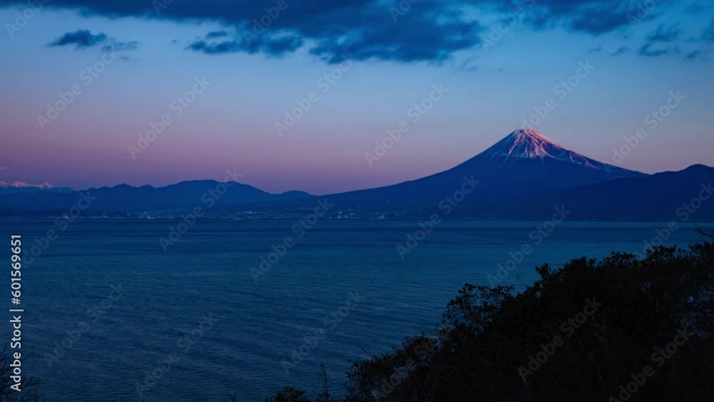 A dawn timelapse of Mt Fuji near Suruga coast in Shizuoka A dawn timelapse of Mt Fuji near Suruga coast in Shizuoka