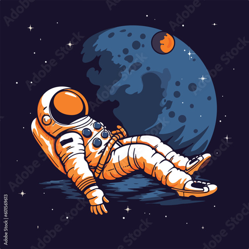 Astronaut in space sleep lie down flying on the moon vintage retro logo badge vector illustration