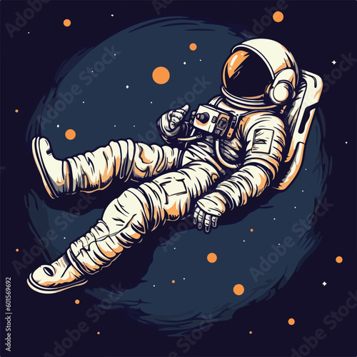 Astronaut in space sleep lie down flying on the moon vintage retro logo badge vector illustration