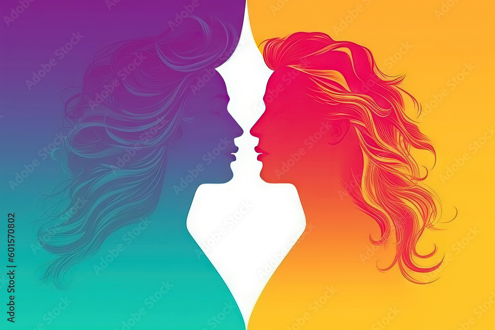 silhouette of two women looking at each other with vibrant colors