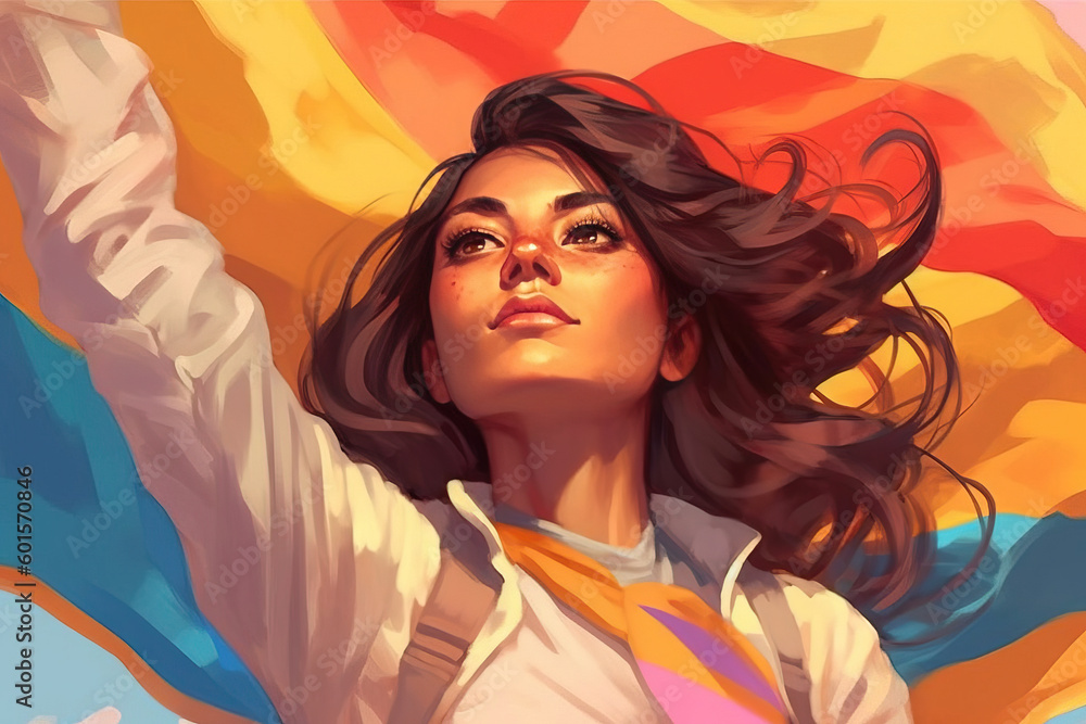 illustration of a woman raising her hand with the pride flag at the background illustration of a woman raising her hand with the pride flag at the background