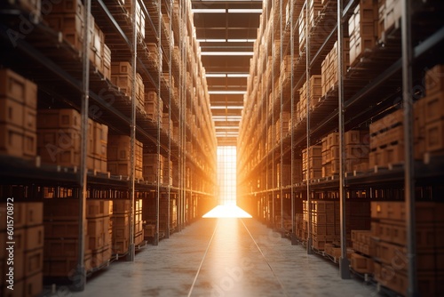 Wallpaper Mural Rows of shelves with boxes in modern warehouse, Generative AI Technology Torontodigital.ca