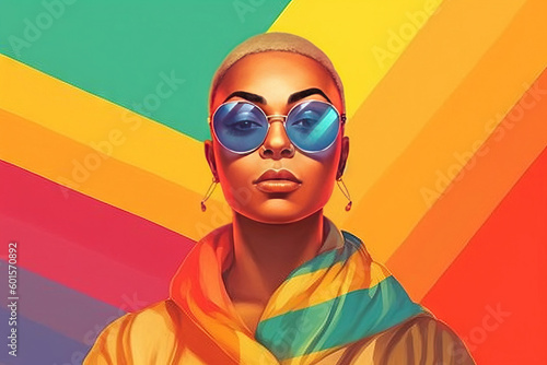 interesting black woman with blue glasses looking at you with the pride colors