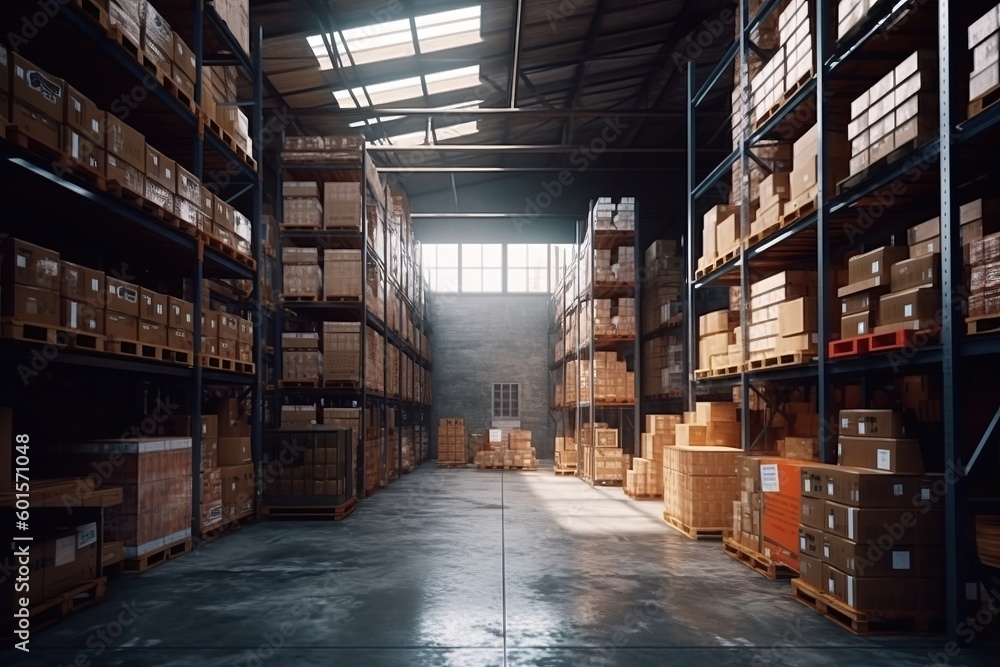 Rows of shelves with boxes in modern warehouse, Generative AI Technology Rows of shelves with boxes in modern warehouse, Generative AI Technology
